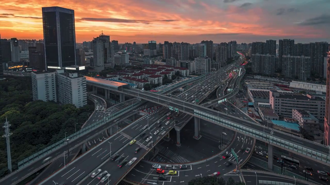 上海，静安区，天目中路立交，晚霞，日转夜延时视频下载