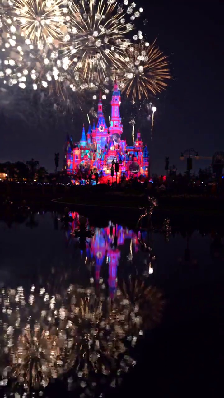 上海迪士尼烟花秀灯光秀夜景航拍视频素材