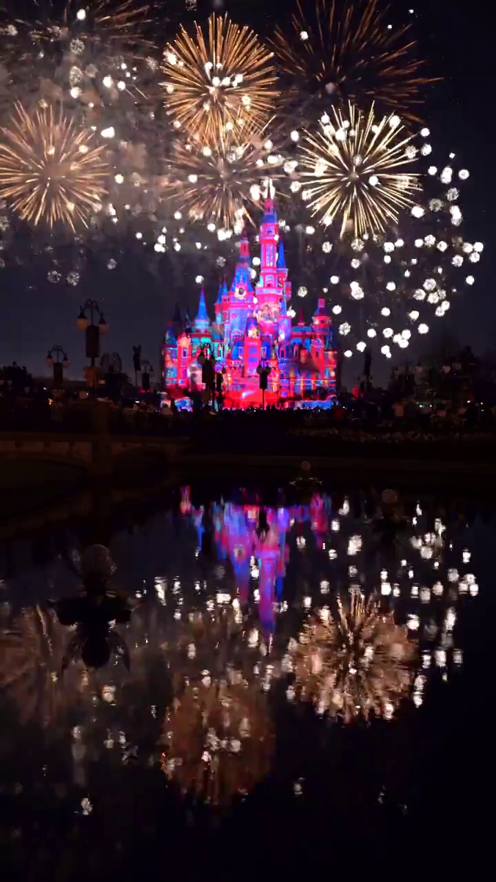 上海迪士尼烟花秀灯光秀夜景航拍视频下载