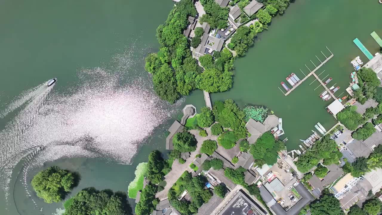 中国杭州西湖风景名胜区茅家埠航拍视频素材