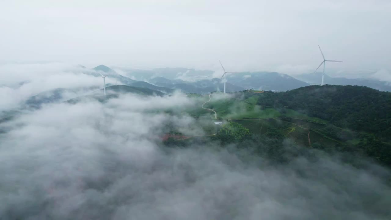 宁波宁海县枫槎岭风力发电厂雨后云海风车自然风光航拍视频素材