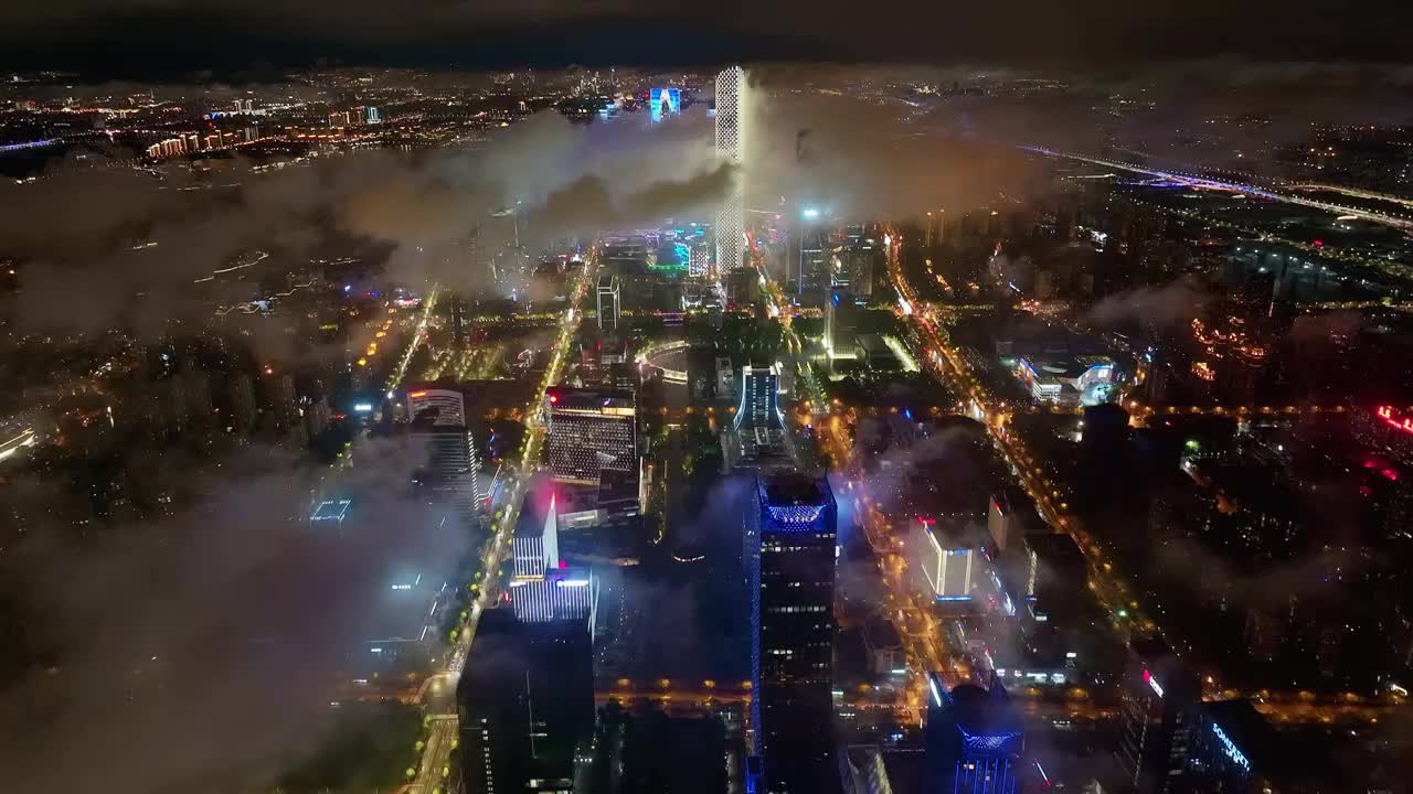 苏州园区梅雨季节夜晚雨后航拍城市视频下载