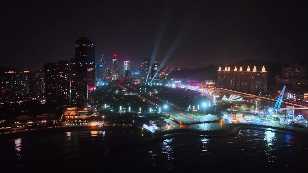 大连星海广场城市夜景航拍灯光秀视频素材