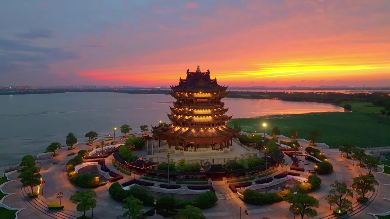 苏州园区阳澄湖半岛重元寺日落晚霞风景视频下载