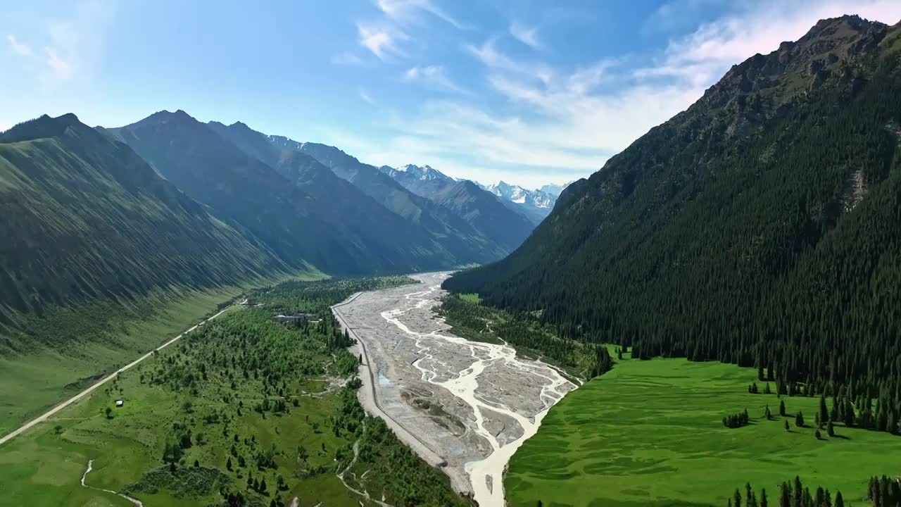 昭苏夏塔景区木札特峰 草原林场雪山冰川视频素材