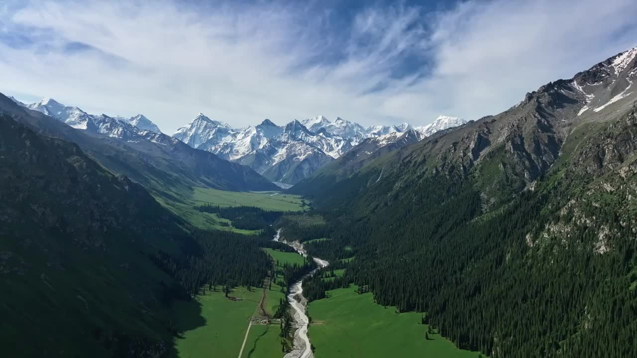 昭苏夏塔景区木札特峰 草原林场雪山冰川视频素材