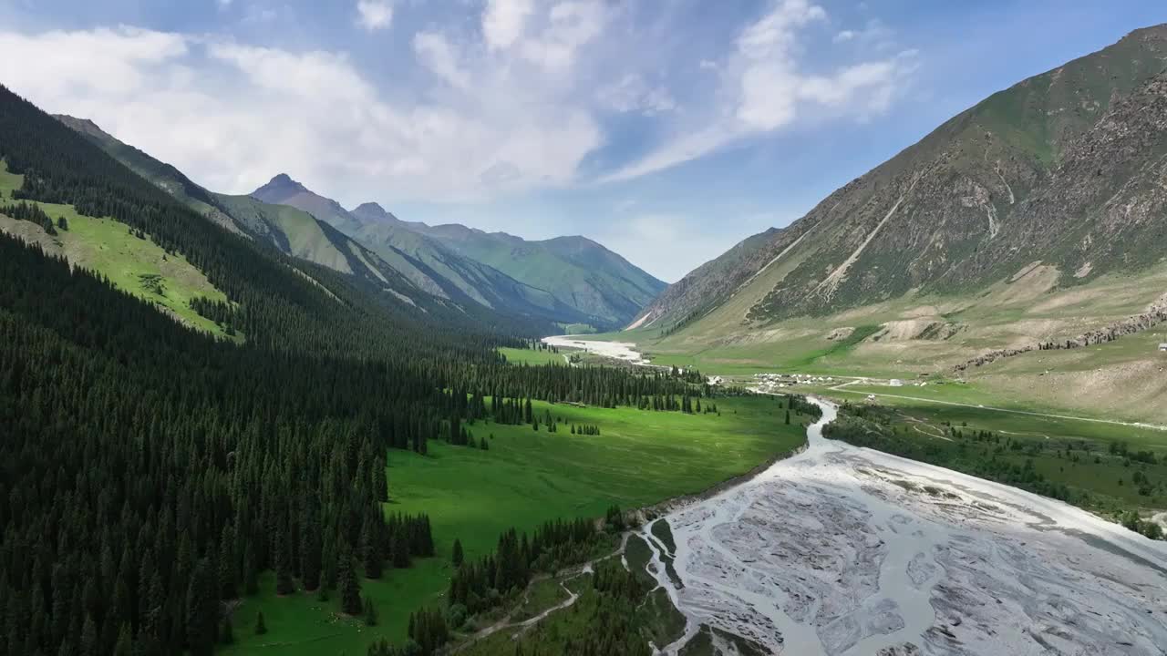 昭苏夏塔景区木札特峰 草原林场雪山冰川视频素材