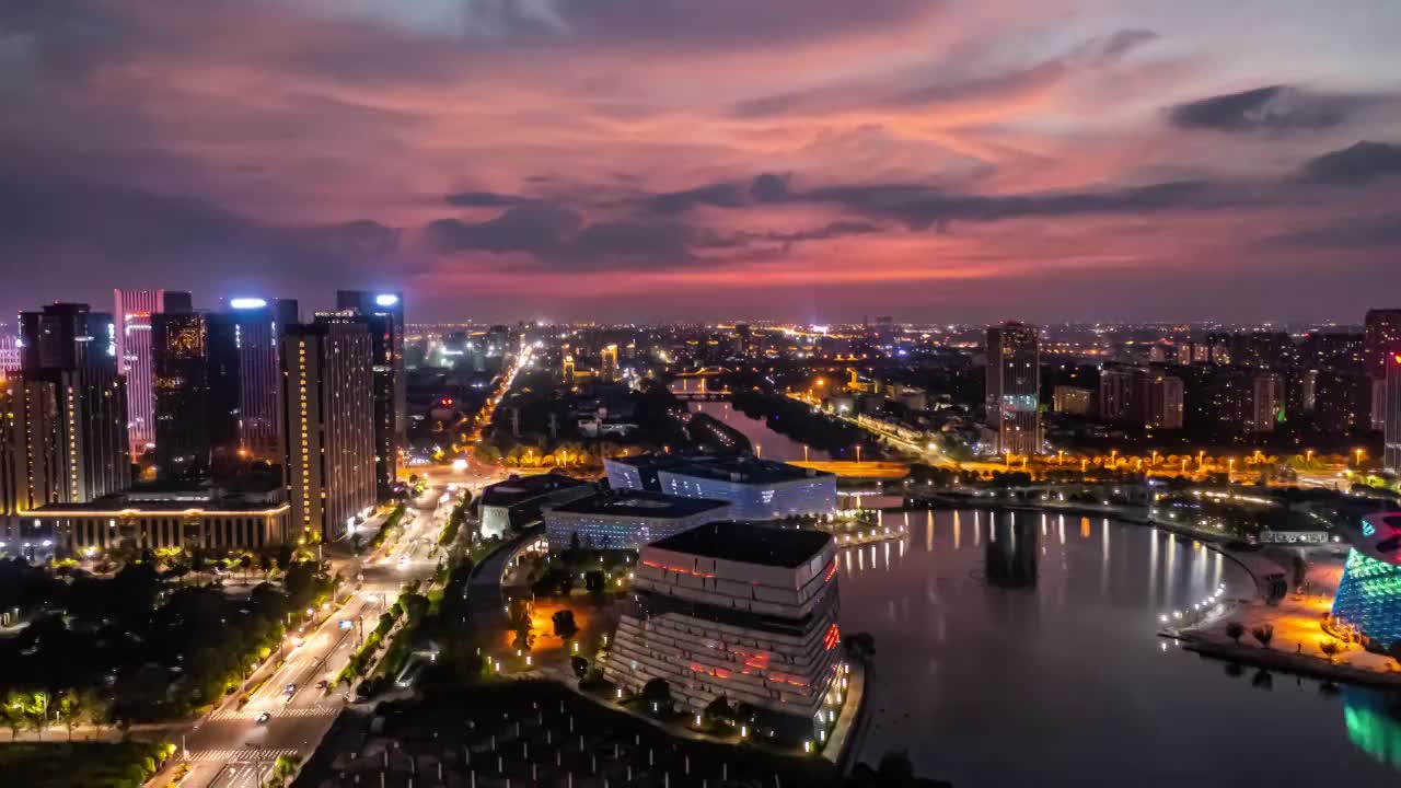 宁波慈溪文化商务区晚霞夜景视频素材