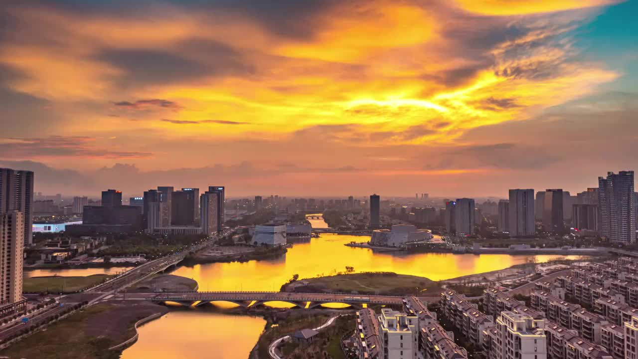 宁波慈溪文化商务区晚霞夜景视频素材