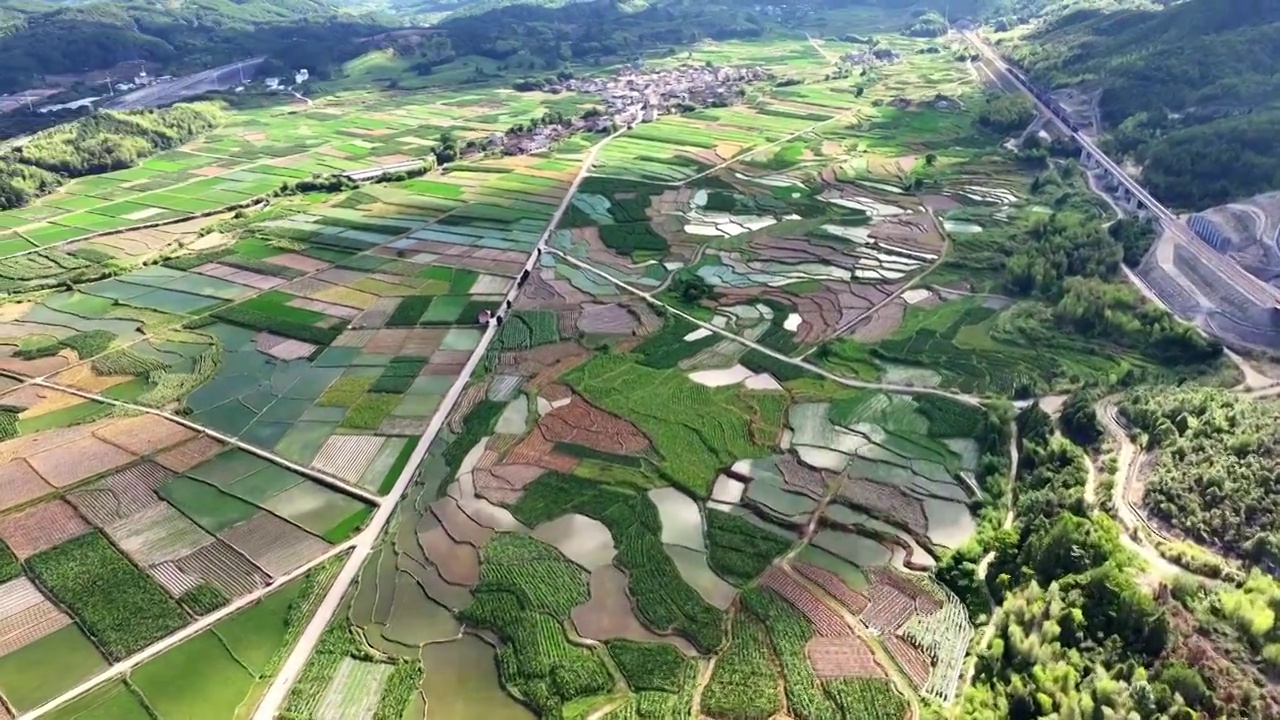 航拍乡村绿色农田与村庄视频素材