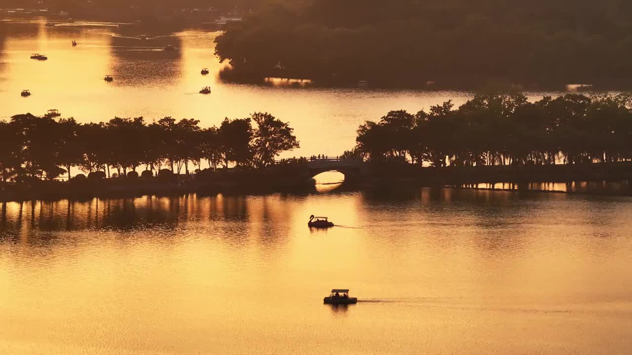 夕阳金光下的南京玄武湖视频素材