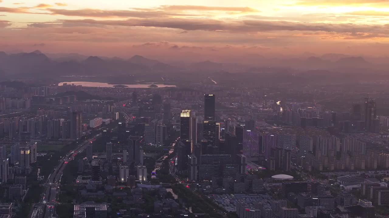 航拍杭州未来科技城日落晚霞城市风光视频素材