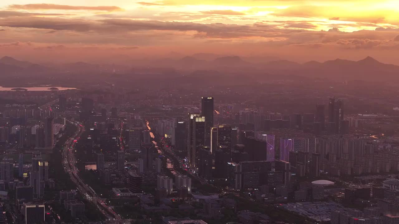 航拍杭州未来科技城日落晚霞城市风光视频素材