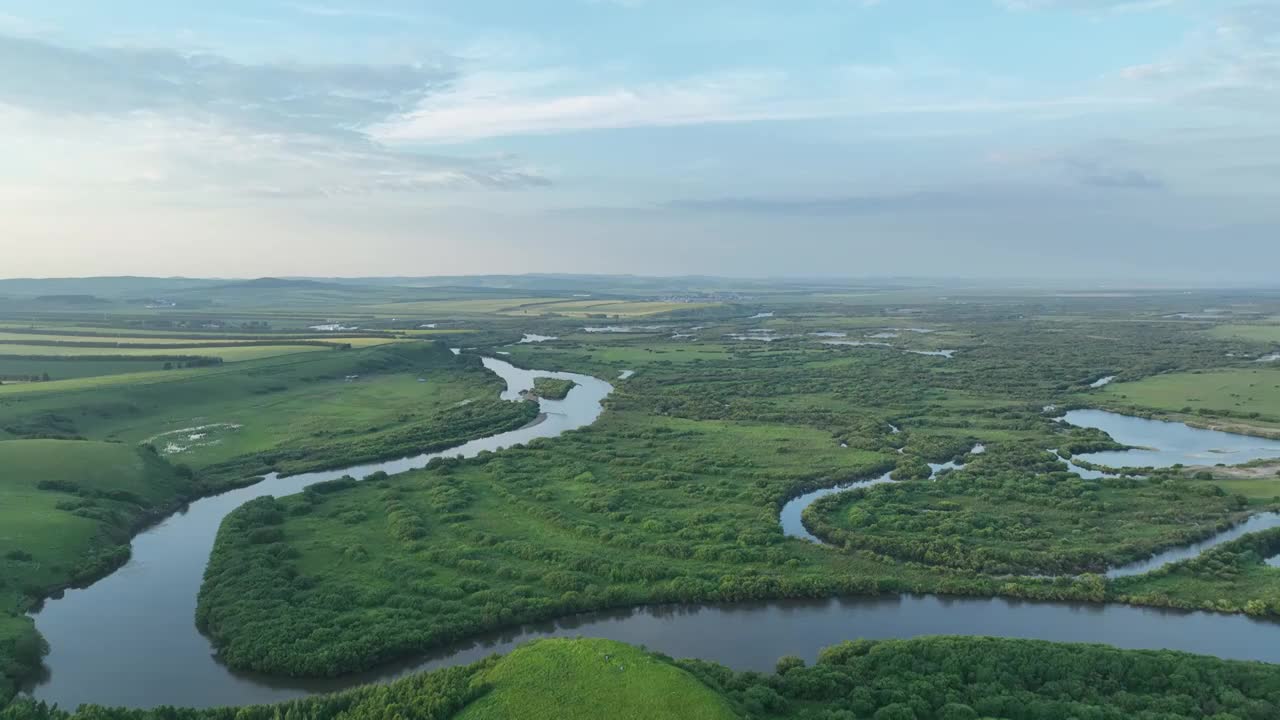 航拍绿色湿地丛林河湾视频素材