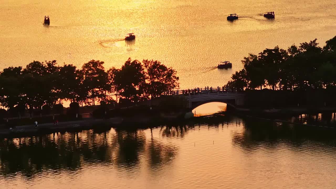 夕阳金光下的南京玄武湖视频素材