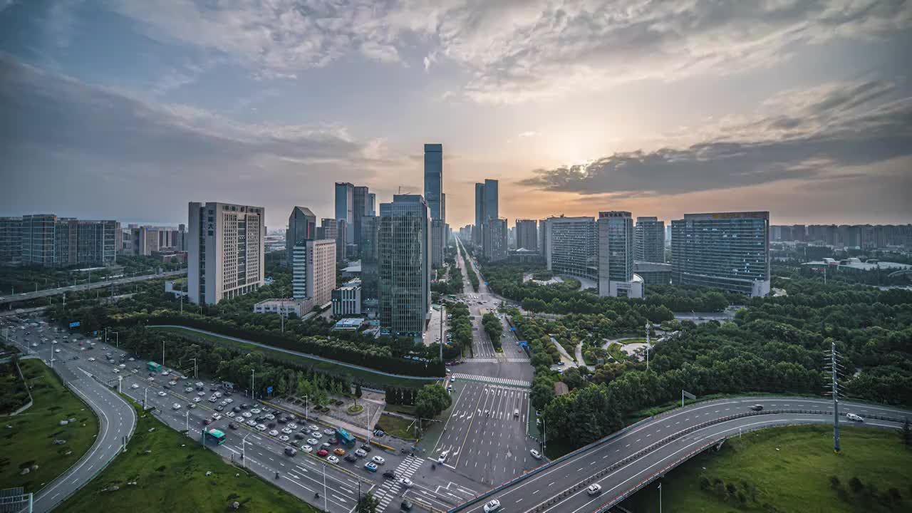 西安高新锦业路CBD高楼群日转夜延时视频素材