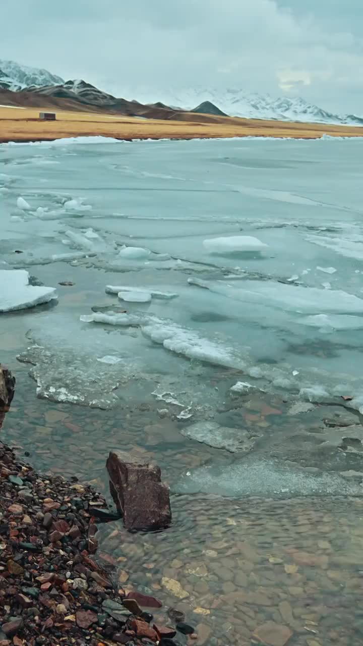 新疆冬季伊犁赛里木湖竖屏冰雪风景视频素材