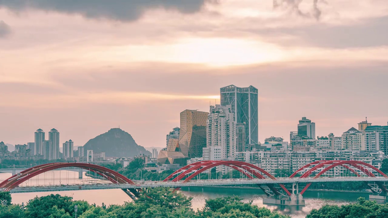 柳州文惠桥风情港夕阳延时摄影视频素材