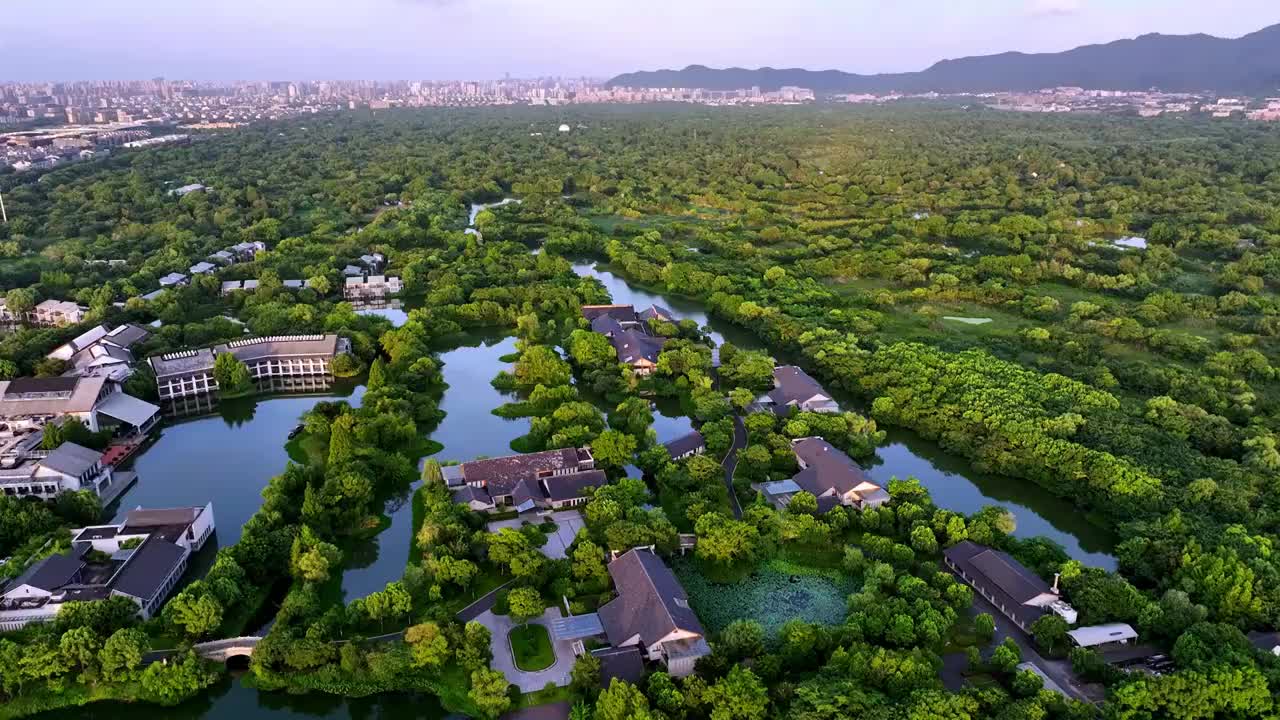 杭州西溪湿地黄昏日落时分航拍视频素材