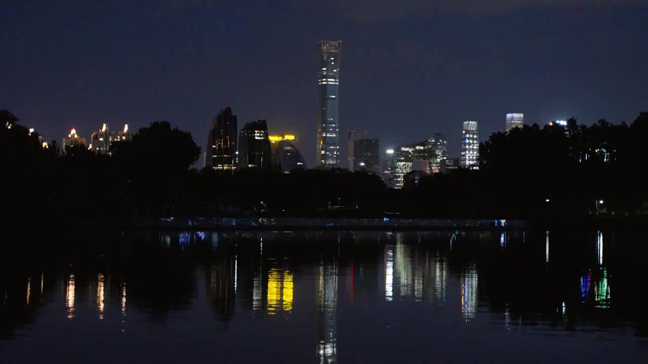 夜晚中国北京CBD湖面倒影视频素材