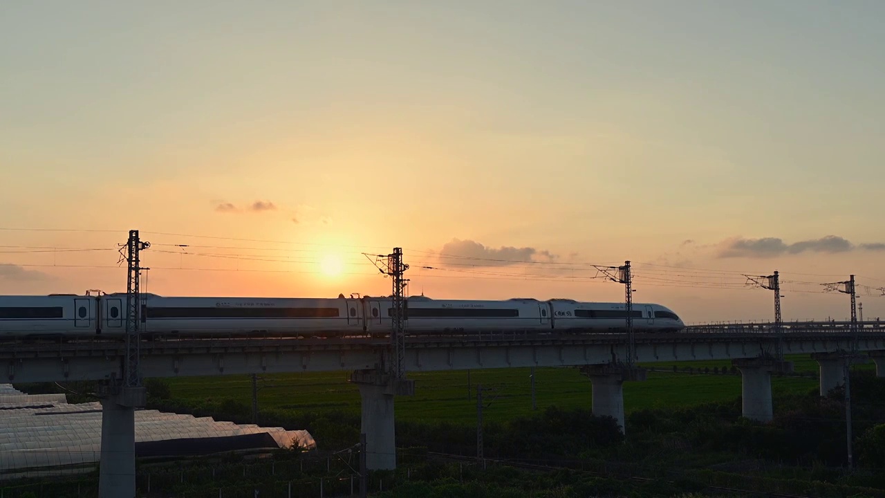 中国铁路，夕阳下行驶的高铁列车视频下载