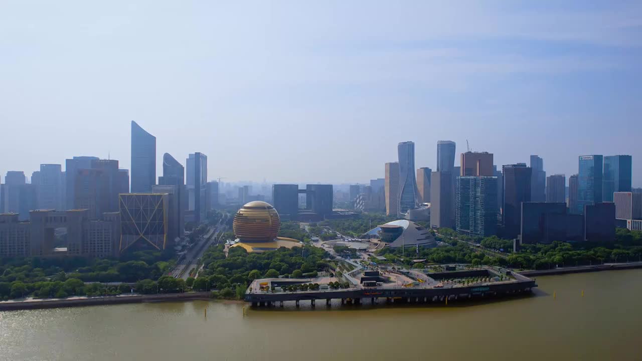 中国浙江杭州钱江新城城市阳台杭州市民中心建筑群航拍视频素材