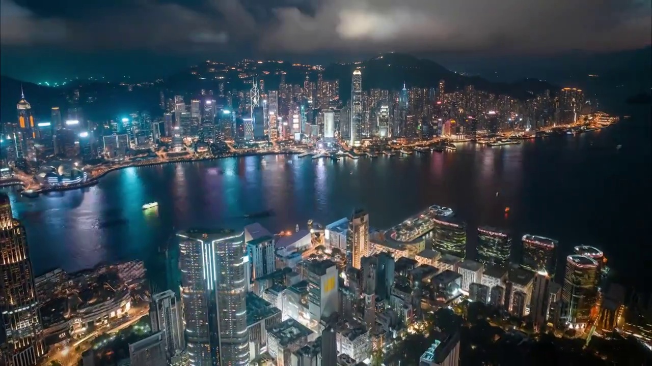 香港维多利亚港城市夜景航拍延时视频下载