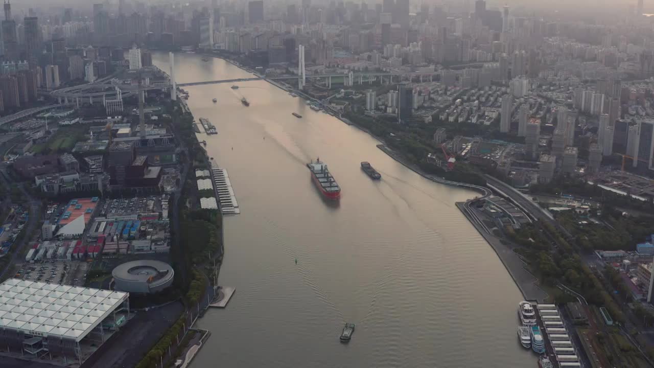 黄浦江上空日出航行的货轮视频素材