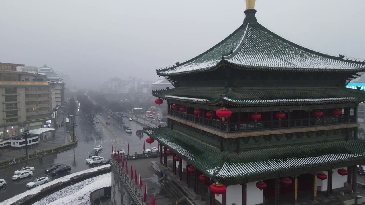 西安钟楼雪景夜景视频下载