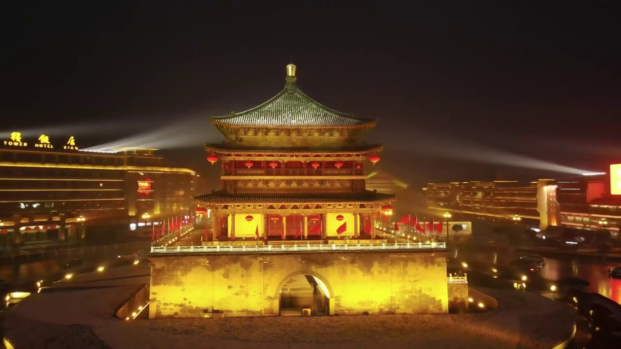 西安钟楼雪景夜景视频素材