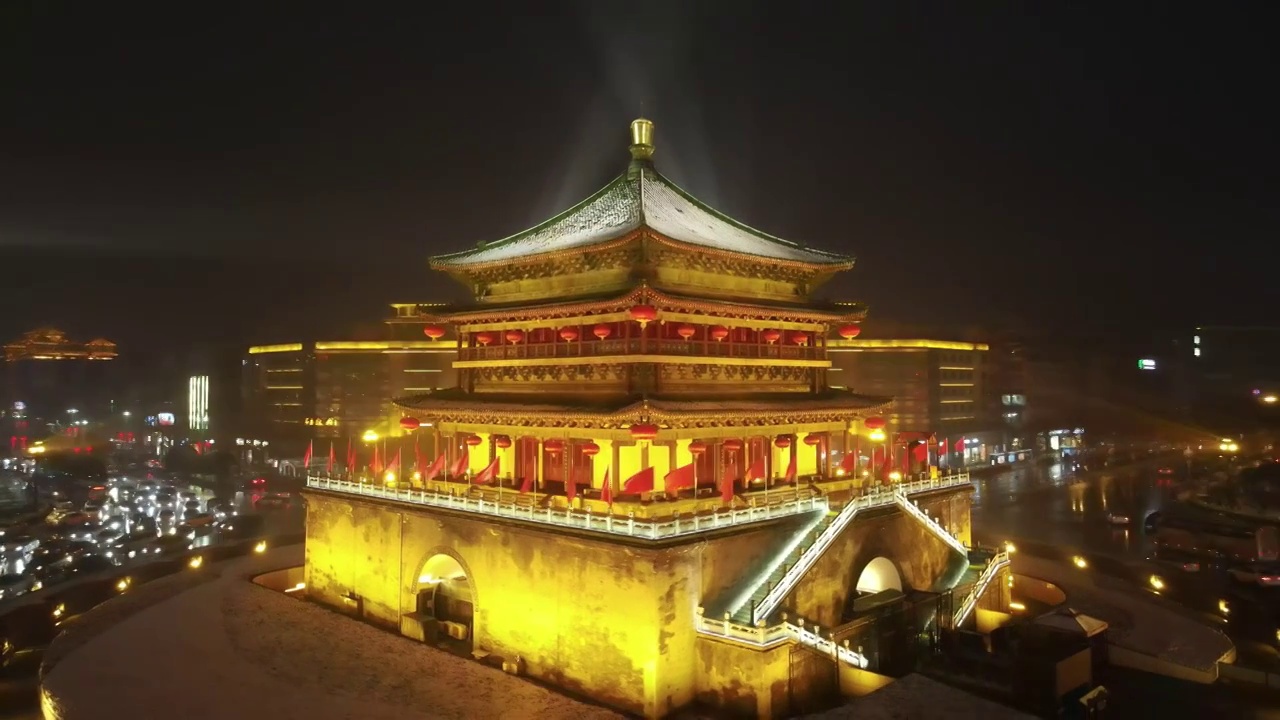 西安钟楼雪景夜景视频素材