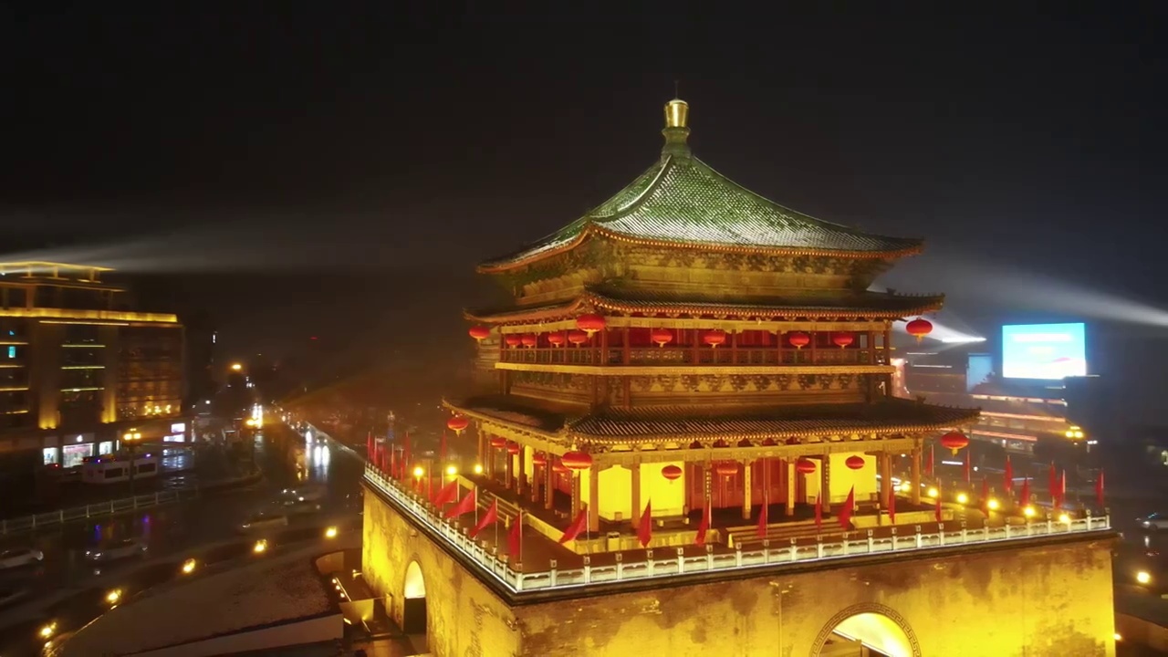 西安钟楼雪景夜景视频素材