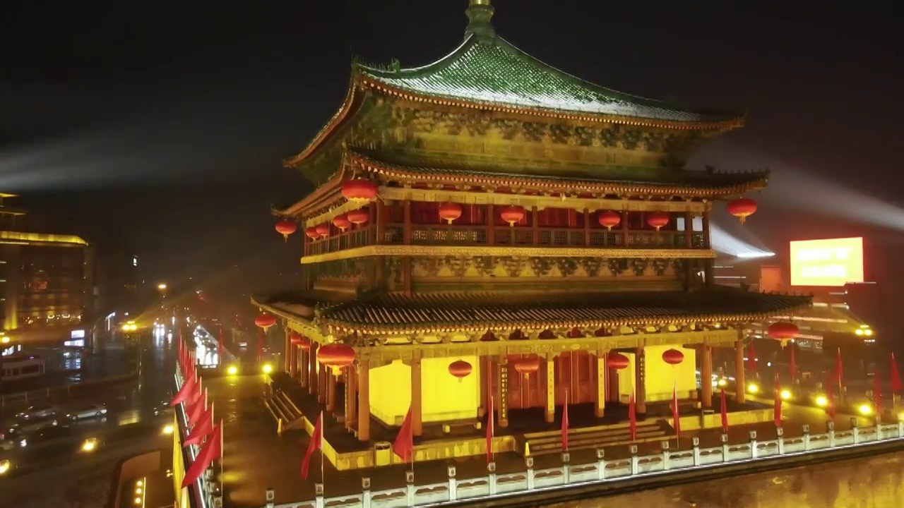 西安钟楼雪景夜景视频素材