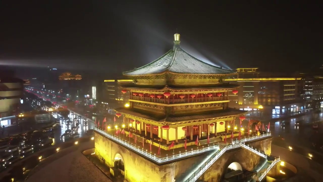 西安钟楼雪景夜景视频素材