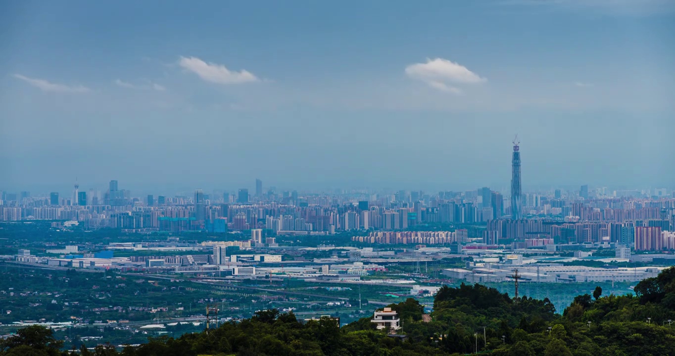 中长焦远眺成都市城市全景，地标建筑视频下载