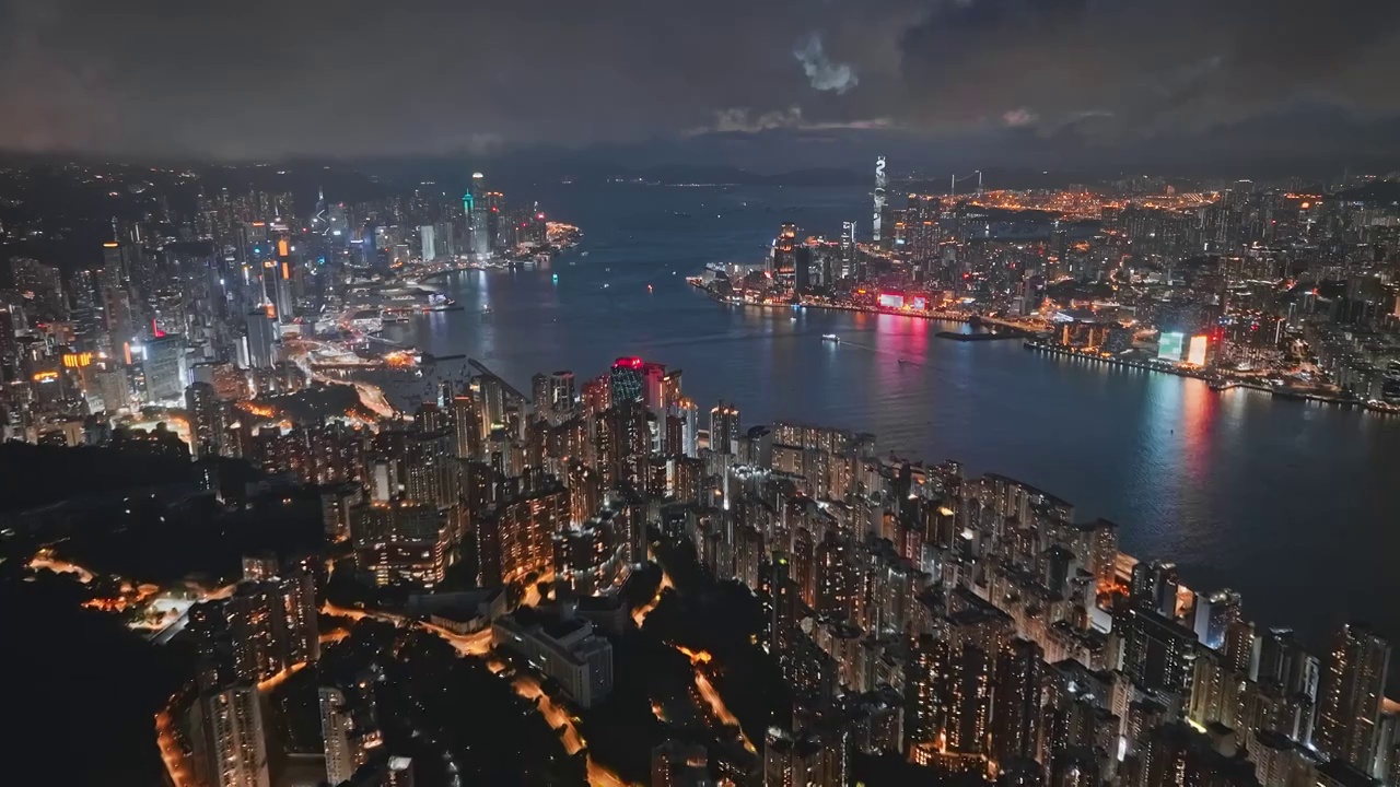 航拍香港维多利亚港夜景全景视频素材