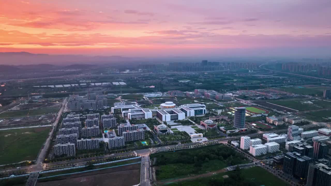 杭州西湖大学云谷校区日落晚霞夜景航拍延时视频素材