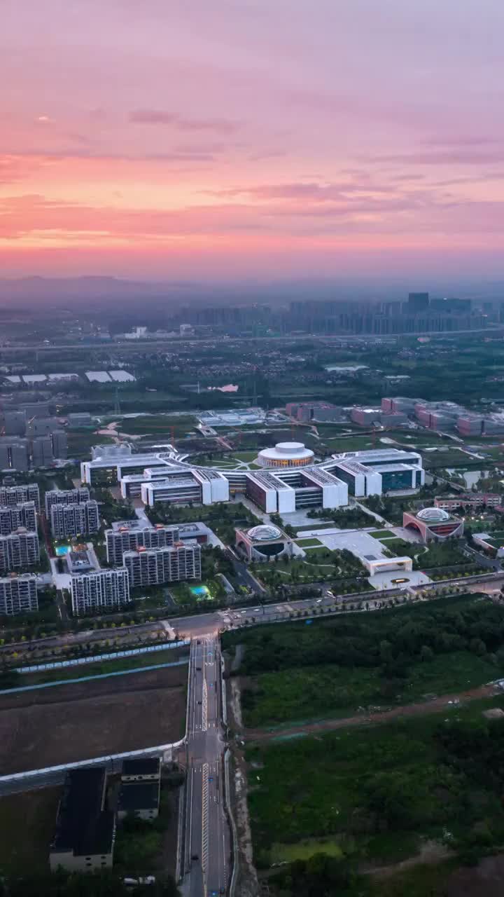 杭州西湖大学云谷校区日落晚霞夜景航拍延时视频素材