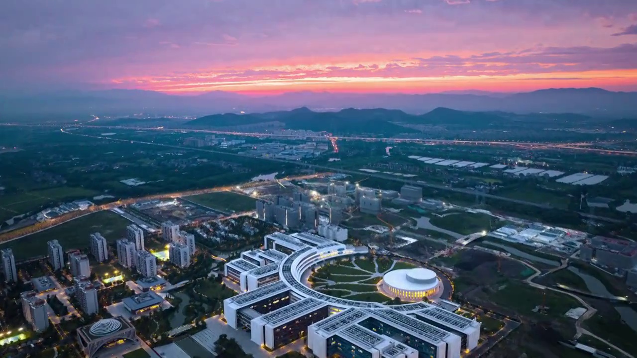 杭州西湖大学云谷校区日落晚霞夜景航拍延时视频素材