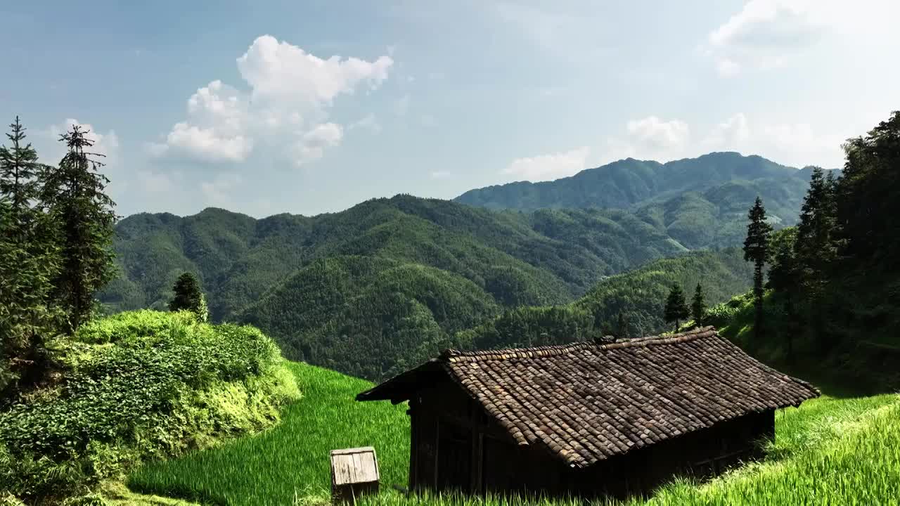 航拍晴朗天空下桂林山区的梯田和山谷中的村庄视频素材