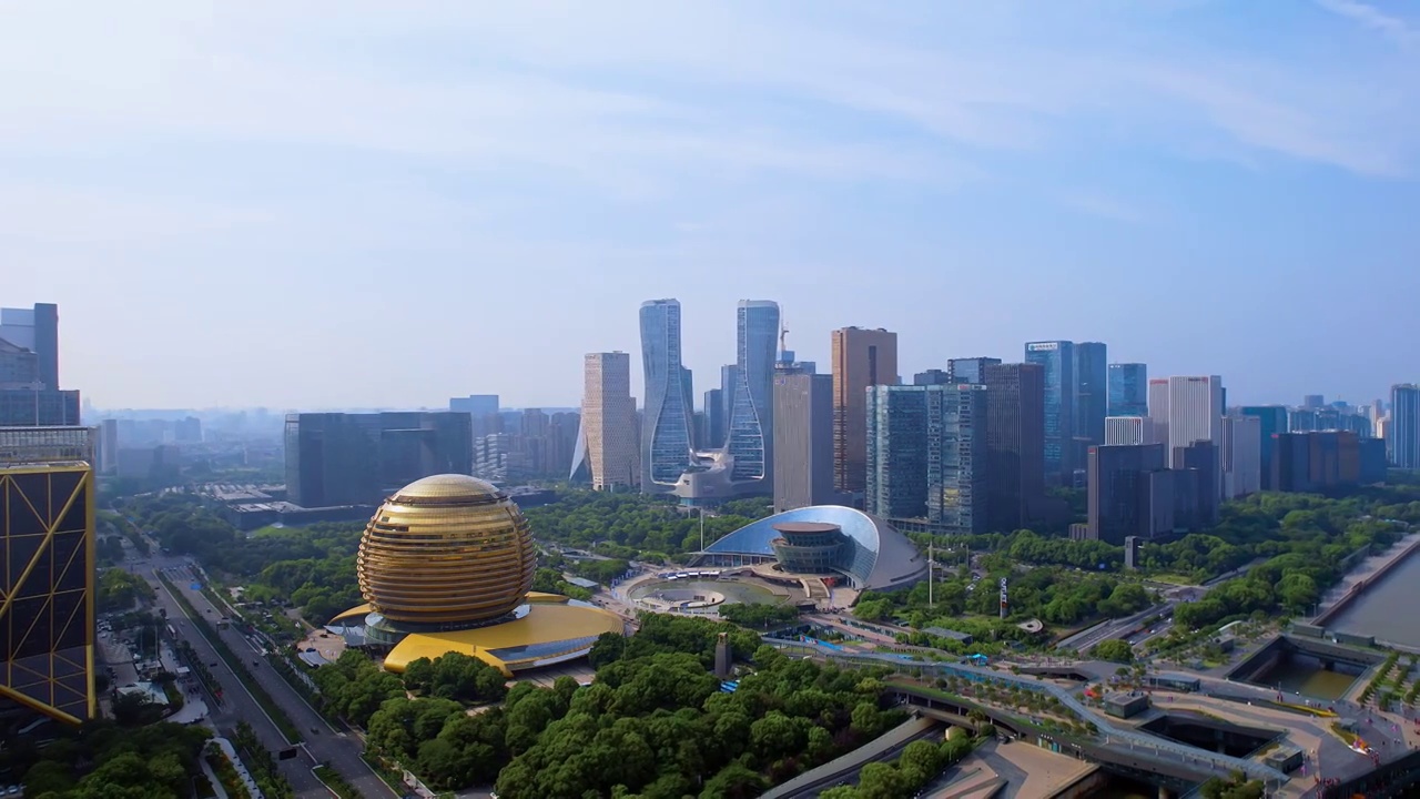 中国浙江杭州钱江新城城市阳台杭州市民中心建筑群航拍视频素材