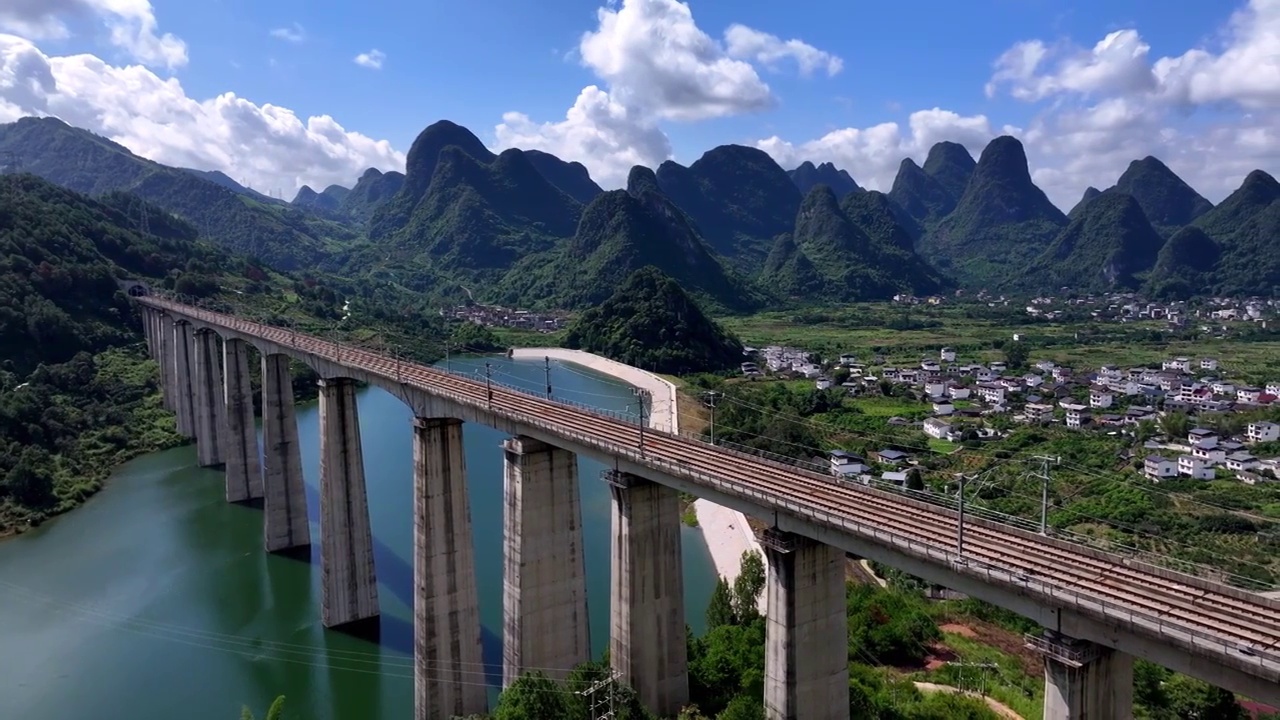 航拍广西桂林高铁线路空镜头 大好河山视频素材