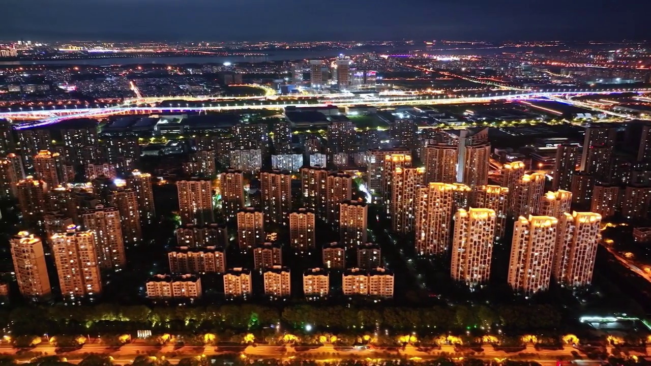 苏州金鸡湖景区，夜景航拍视频素材