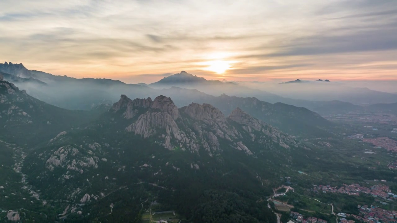 青岛崂山风景区日落风景延时航拍视频素材