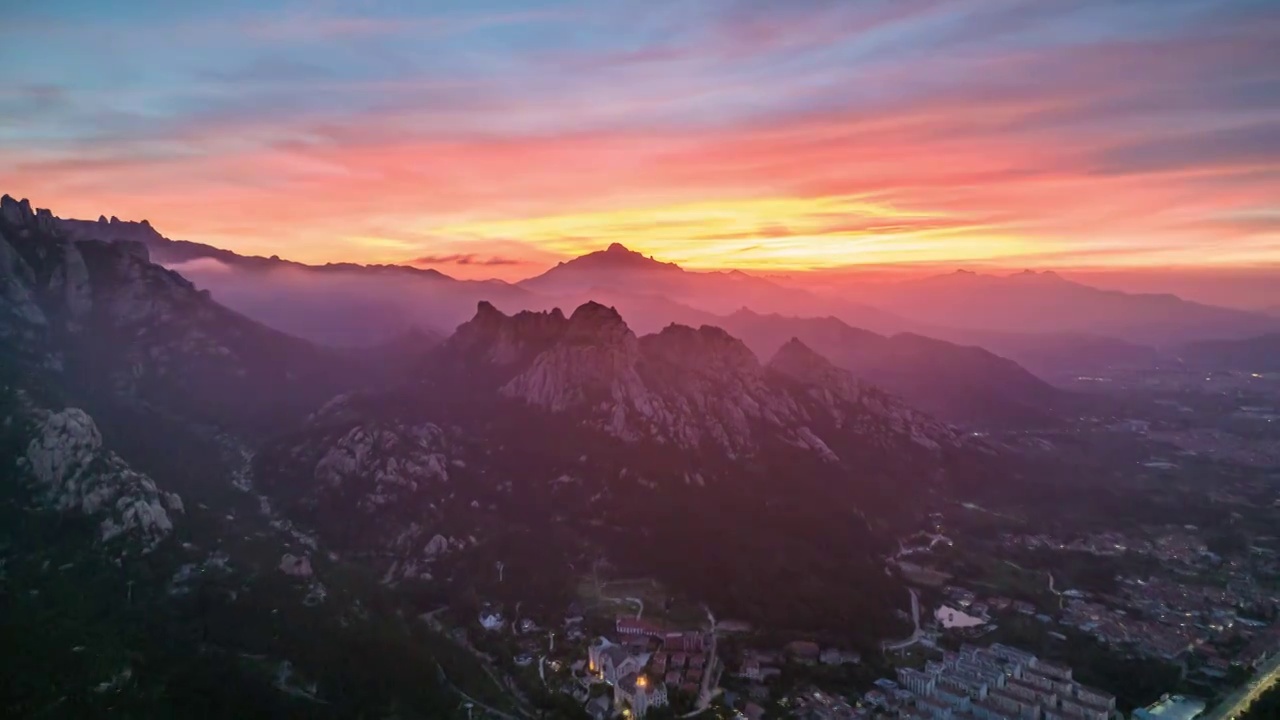 青岛崂山风景区日落风景延时航拍视频素材