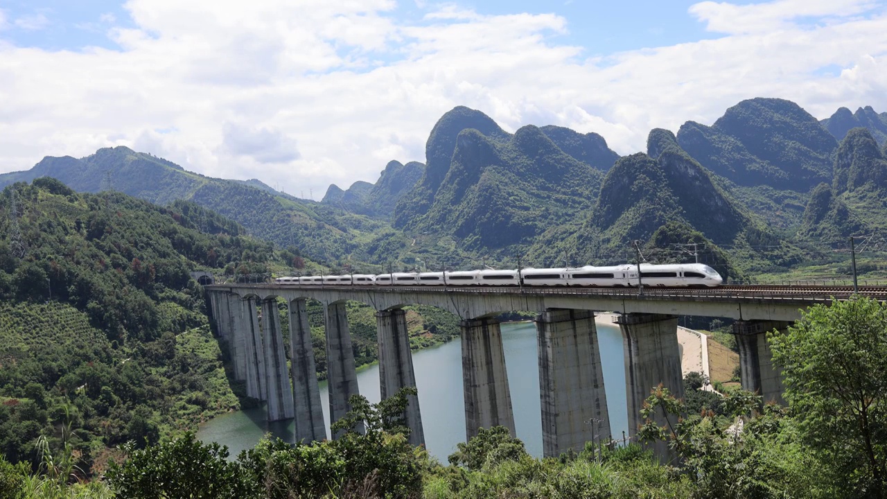 广西桂林高铁和谐号出站 驶出山洞视频素材