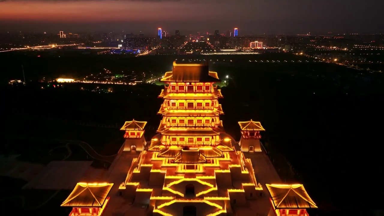 洛阳古都古建筑城市夜景航拍视频素材