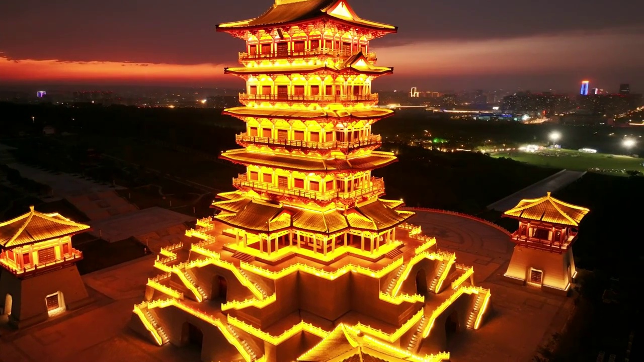 洛阳古都古建筑城市夜景航拍视频素材