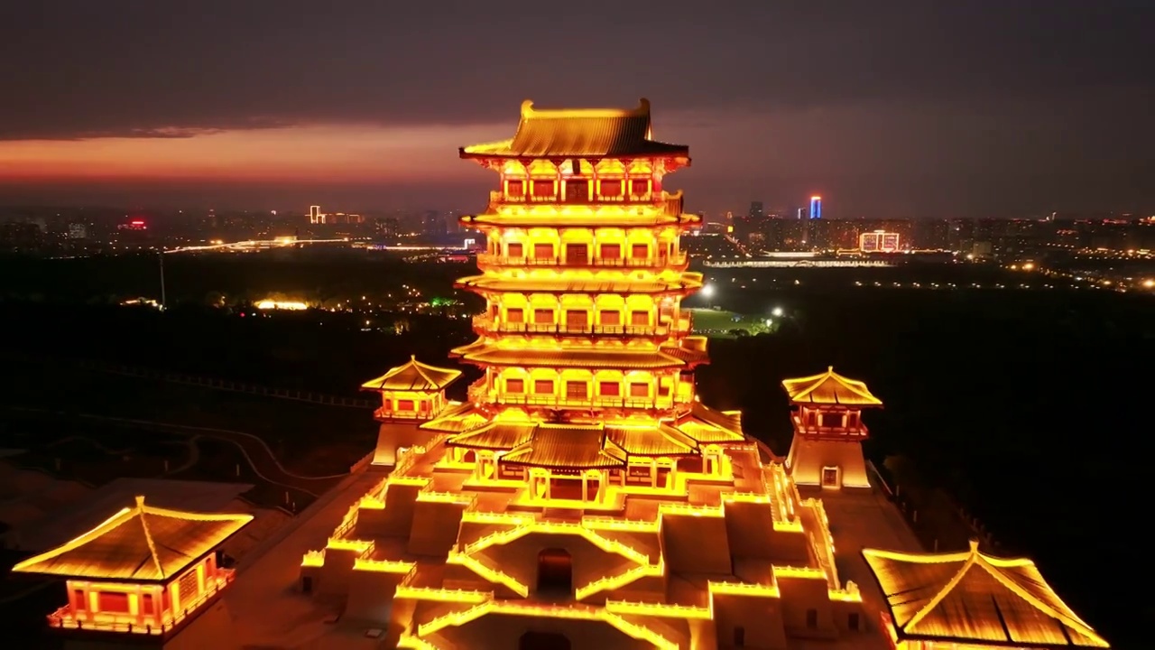 洛阳古都古建筑城市夜景航拍视频素材