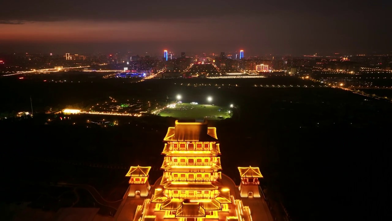 洛阳古都古建筑城市夜景航拍视频素材